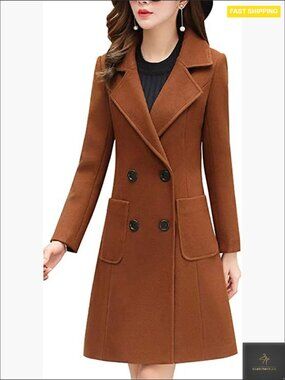 Winter Wool Blend Pea Coat Notch Double-Breasted Mid-Long Jacket Warm